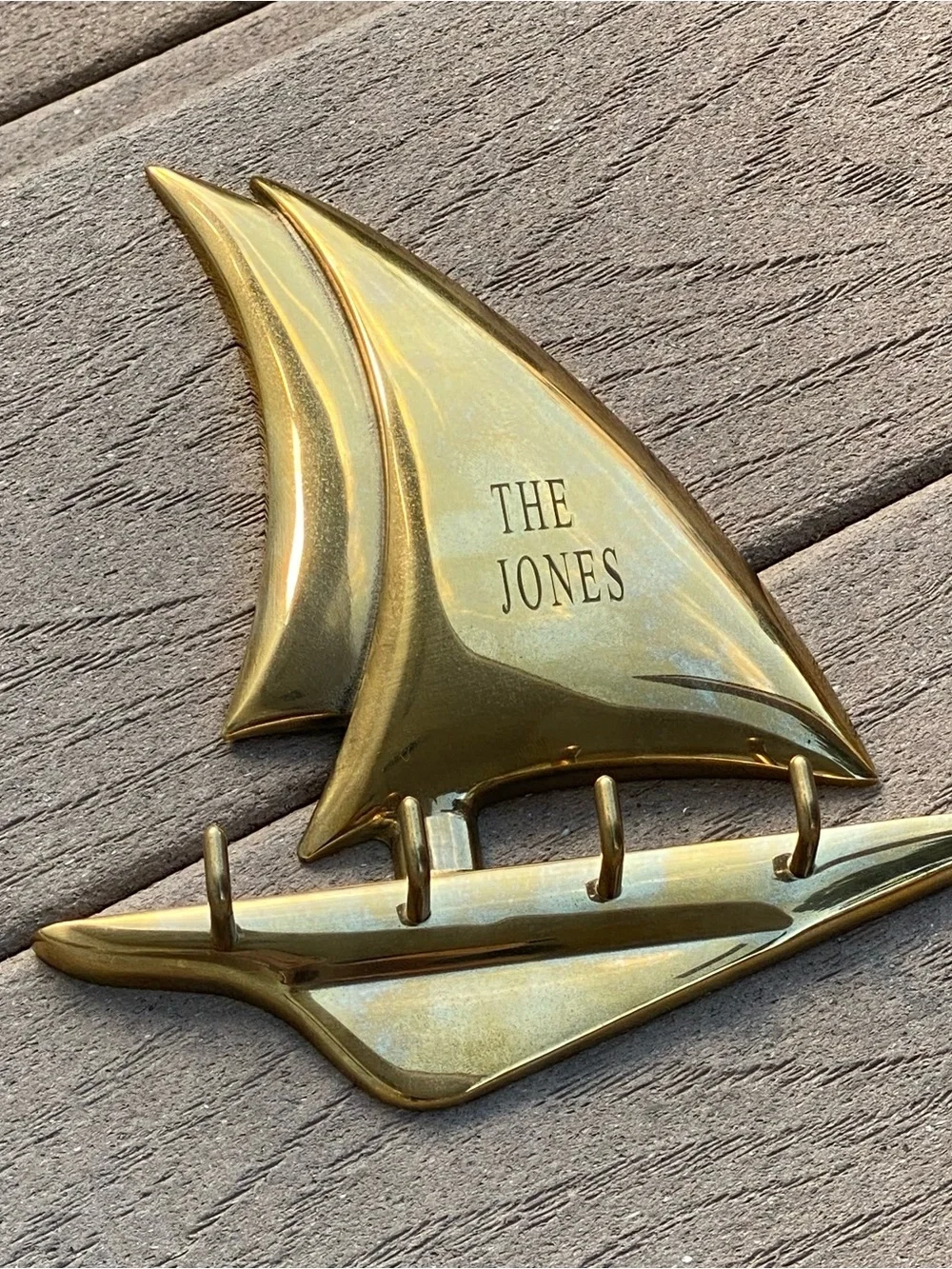 Vintage Polished Solid Brass Sailboat Key Hook Holder Engraved “The Jones”